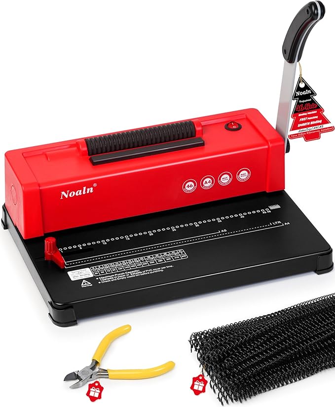 46-Hole Binding Machine Spiral Coil Binder Classic Red,DIY Book Binder Kits with Electric Coil Inserter,100pcs Comb Binding Spines,for Letter Size/A4/A5 School Office Home-DeskLoop Office