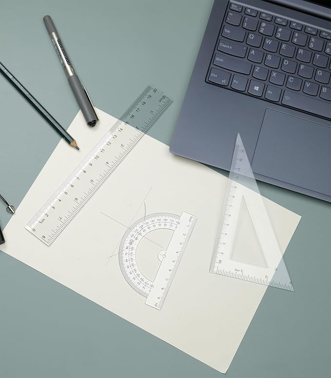 Geometry Set, 6-Piece Clear Plastic Math Ruler, Drafting Ruler Kit Includes Protractor, Triangle Ruler, Straight Ruler-Math Measurement Tools for Students, School and Office Supplies-DeskLoop Office