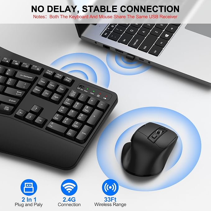 Wireless Keyboard and Mouse Combo, 2.4G Full Size Wave Keys Ergonomic Keyboard - Image 5