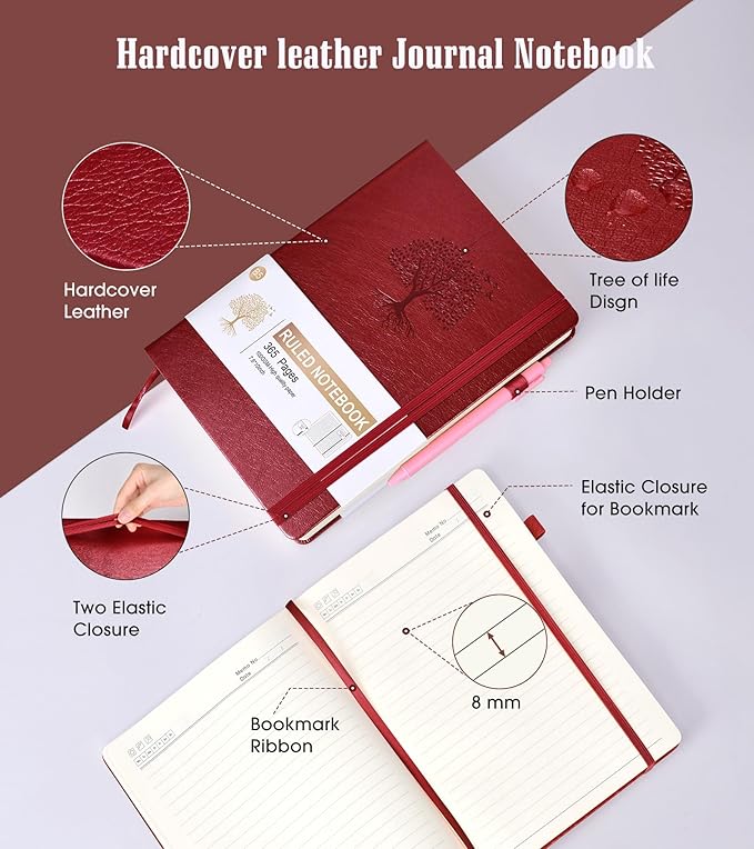 Lined Journal Notebook, 365 Pages B5 Large Journals for Writing College Ruled Notebook, Hardcover Leather Journal for Women Men, Daily Notebook for Work, Note Taking, 100Gsm Paper (7.6'' X 10'' Wine)-DeskLoop Office