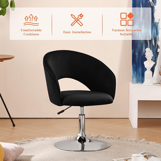 Furnimart Adjustable Black Vanity Chair with Back, Velvet Makeup Chair Swivel Accent Chair with Chrome Frame Hollow Backrest, Side Chair for Living Room, Makeup Room, Bedroom (Black)-DeskLoop Office