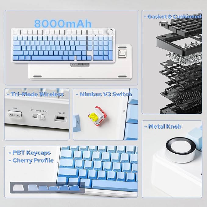 EPOMAKER X Aula F99 PRO Wireless Gaming Keyboard with 8000mAh Battery, Hot Swappable Creamy Keyboard, 2.4GHz/Type-C/BT5.0, NKRO, RGB Backlit for Win/Mac/Gaming (Blue Gradient)-DeskLoop Office