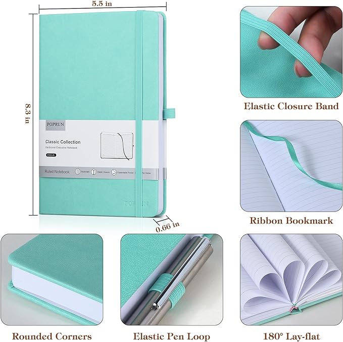 POPRUN A5 Lined Journal Notebooks, Leather Hardcover Thick Notebook for Writing, Business Work, Travel, School, College, Christmas, 5.5 x 8.3 inch, 240 Pages Classic Ruled Journals Notepad, Black-DeskLoop Office