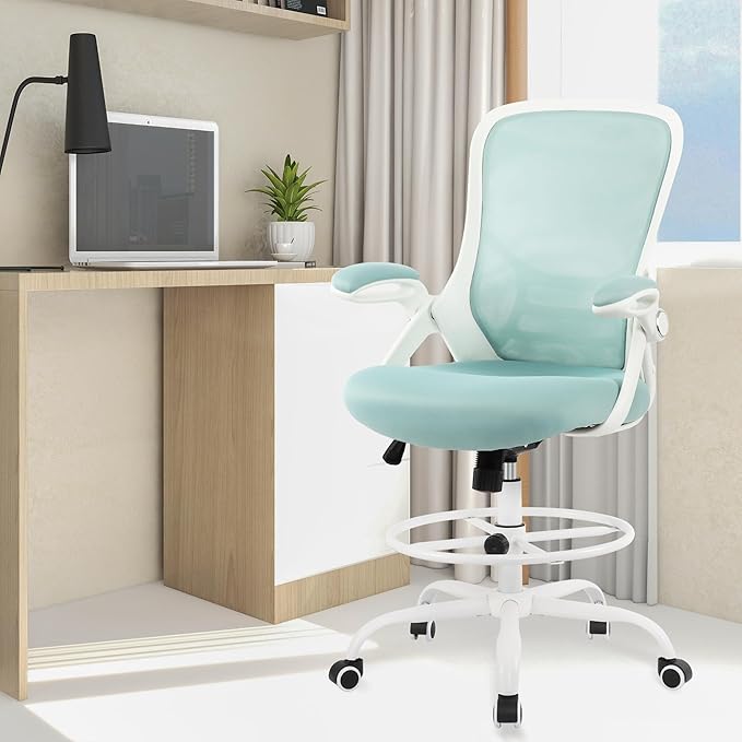 HYLONE Drafting Chair Tiffany Blue, Tall Office Chair Standing Desk Stool with Adjustable Height, Foot Ring, Flip-Up Arms, Mesh High-Back Office Chair, White-DeskLoop Office