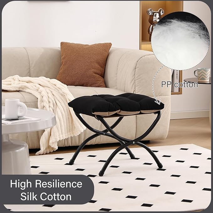 LITA Folding Upholstered Footrest Stool, Modern Small Portable Accent Ottoman with Detachable Thick Cotton Cushion Padded Sofa Stool with Metal Frame for Lazy Chair, Living Room & Bedroom, Black-DeskLoop Office