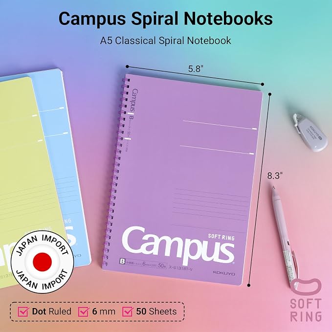 KOKUYO Spiral Lined Notebook, 5 Pack 8.3'' x 5.8'' Pastel Journal A5 Campus - Image 2