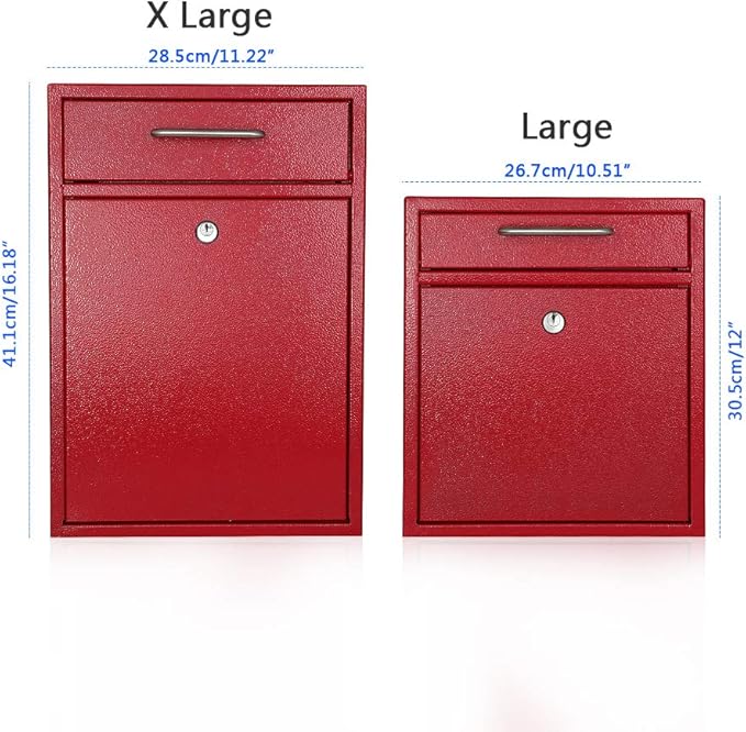 KYODOLED Steel Key Lock Mail Boxes Outdoor, Locking Wall Mount Mailbox, Security Key Drop Box, Collection Boxes,16.2H x 11.22L x 4.72W Inches, Red X Large-DeskLoop Office