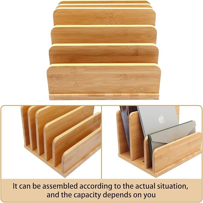 Deefielly Desk File Mail Organizer Countertop, 5 Slots Bamboo Folder Sorter - Image 7
