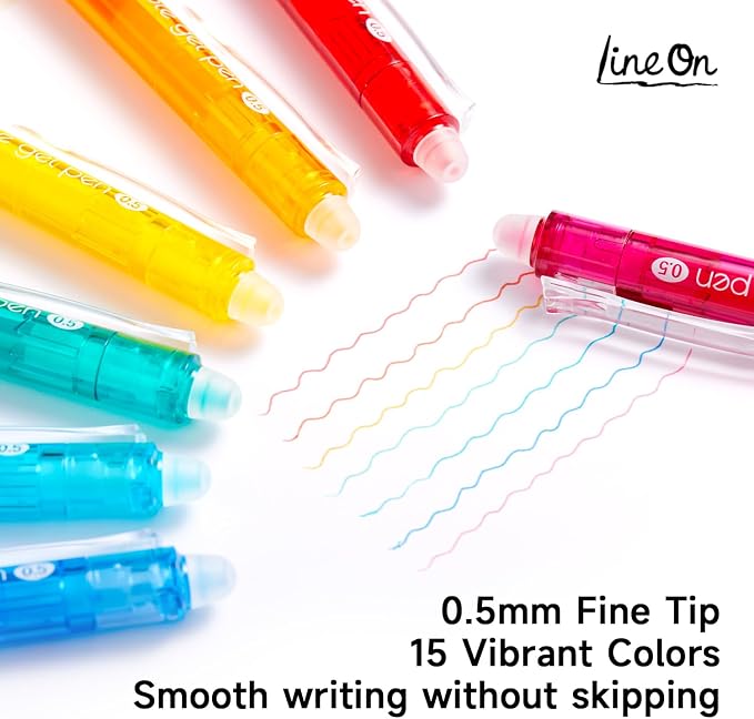 Lineon Erasable Gel Pens, 15 Colors Retractable 0.5mm Fine Point Erasable Pens - Image 5