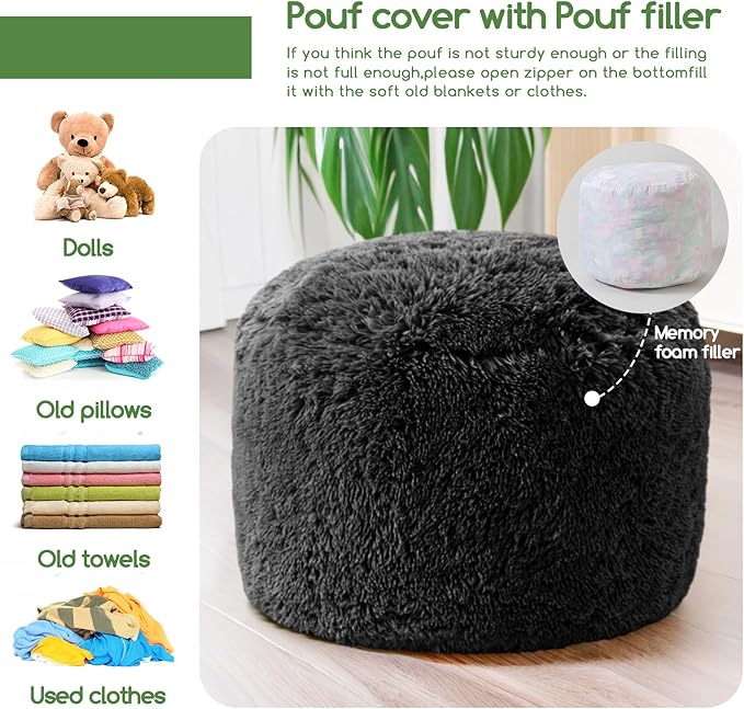 HIGOGOGO Round Stuffed Pouf Ottoman, Long Faux Fur Poufs with Foam Chunk Filling, Fluffy and Furry Pouf Foot Stool Storage Ottoman, 26 X 18 Floor Poufs Foot Rest for Living Room, Black-DeskLoop Office