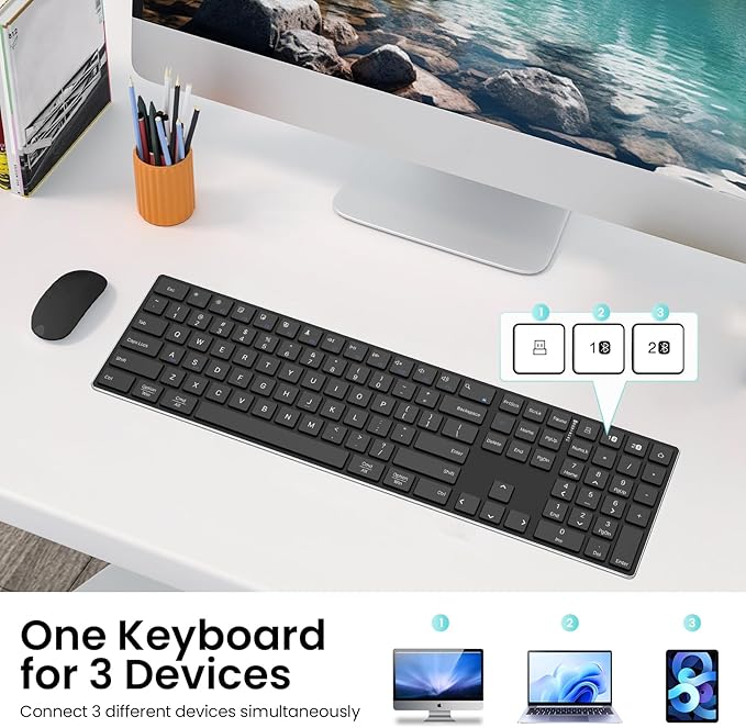 2.4G Wireless and Bluetooth Keyboard with Numeric Keypad, Multi-Device, Rechargeable, Compatible with Mac, Windows (Black)-DeskLoop Office