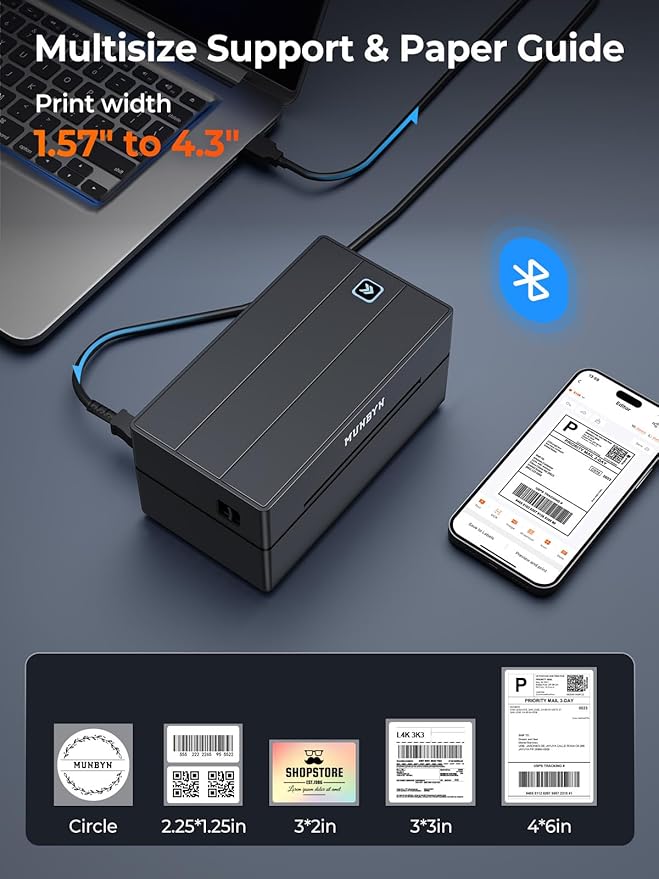 MUNBYN Bluetooth Thermal Label Printer, 130B Wireless 4x6 Shipping Label Printer for Shipping Packages Small Business Office or Home, Compatible with iPhone Android iPad Windows macOS Chrome Etsy eBay-DeskLoop Office