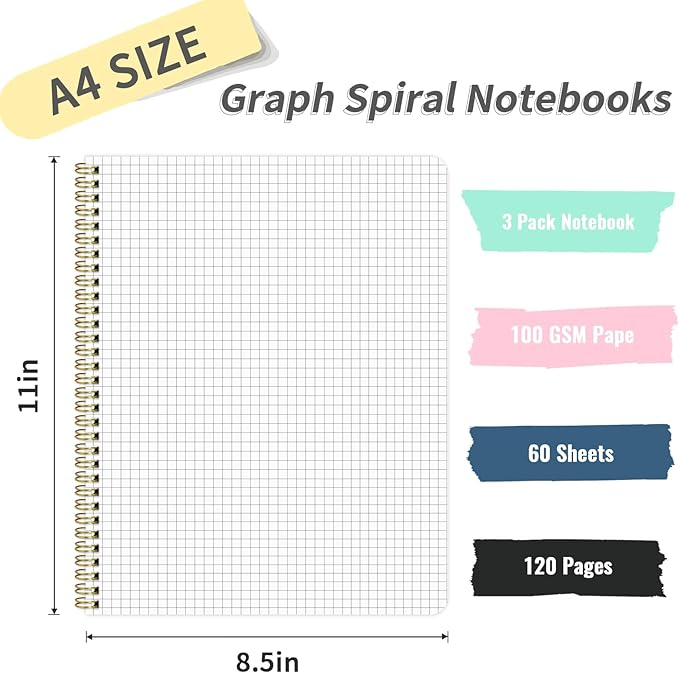 Spiral Graph Notebook 8.5” x 11”, A4 Black Grid Paper Notebook, 120 Pages 100GSM Thick Large Graphing Notebook，Hardcover Spiral Notebook Journals for Work School Engineering-DeskLoop Office