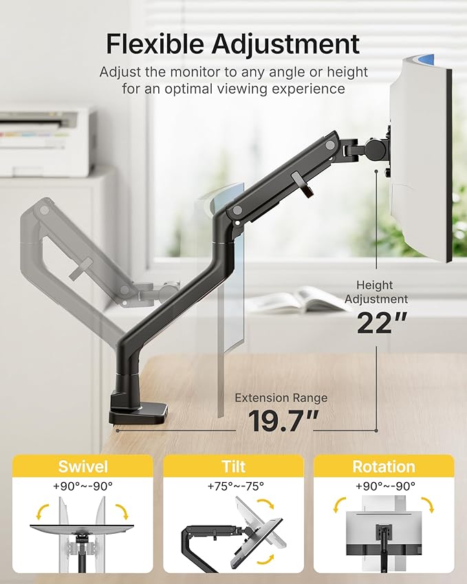 monTEK Single Monitor Arm with USB A/C, Ultrawide Monitor Stand for 17 to 57 Inch Curved Screen, Holds 59.4 lbs, Adjustable Gas Spring Arm, 75/100 VESA Mount, Clamp & Grommet Desk Mount, Black-DeskLoop Office