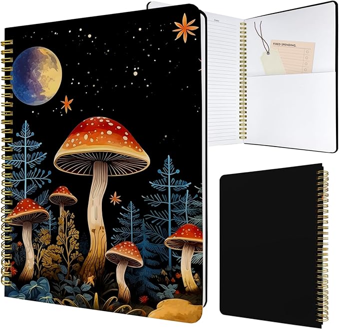 Cute Spiral Notebook journal B5 Aesthetic Pretty Design for Women Girls Kawaii with Pocket, 10 x 7.2 inch, Lined, Moon Mushroom-DeskLoop Office