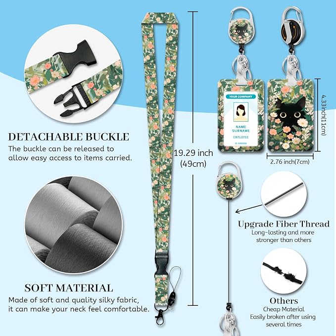 Hancynir Lanyards for Id Badges, Cat Flower Floral Badge Holder - Image 4