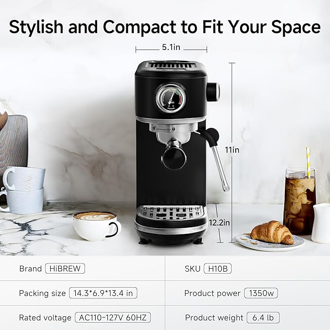 HIBREW H10B - 51mm Espresso Machine - Temperature & Cup Volume Adjustable at will - With Intelligent Display Screen & Pressure Gauge - Stainless Steel Body (Black)-DeskLoop Office