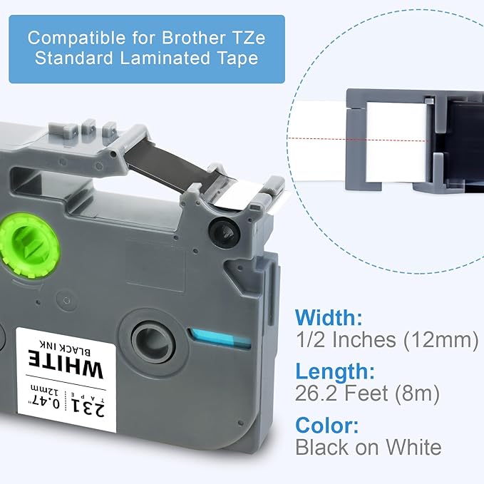 Absonic 20-Pack 12mm 0.47" Black on White Label Tape Compatible for Brother P Touch Tze-231 Tz-231 Laminated Tze Tz 1/2" Refill for Ptouch PTD220 PTD210 PTD400 PTD600 PTD610BT Label Maker
