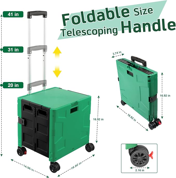 FELICON Folding Utility Cart Rolling Crate Handcart Basket-Dark Green+Black | - Image 3
