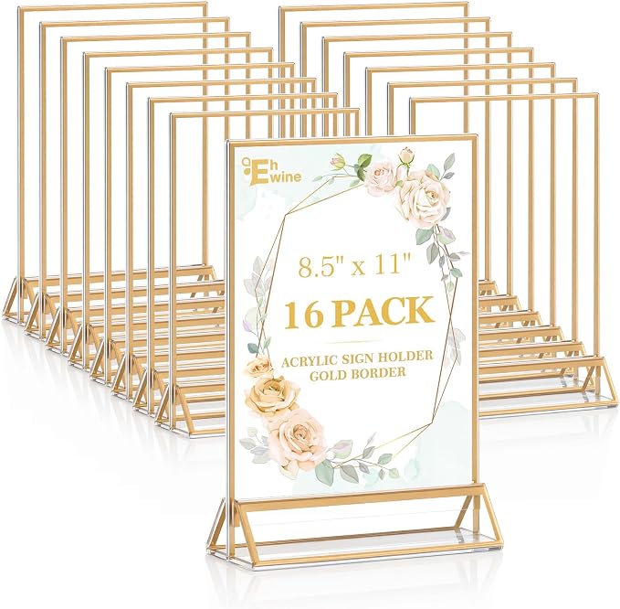 EHWINE 16 Pack Acrylic Sign Holder 8.5 x 11, Double Sided Gold Picture Frame by EHWINE
