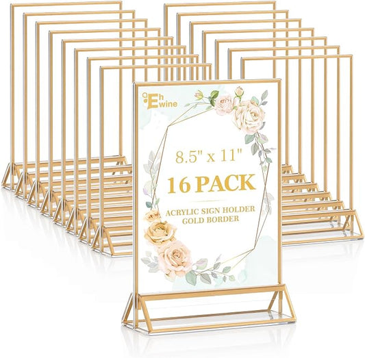 EHWINE 16 Pack Acrylic Sign Holder 8.5 x 11, Double Sided Gold Picture Frame by EHWINE