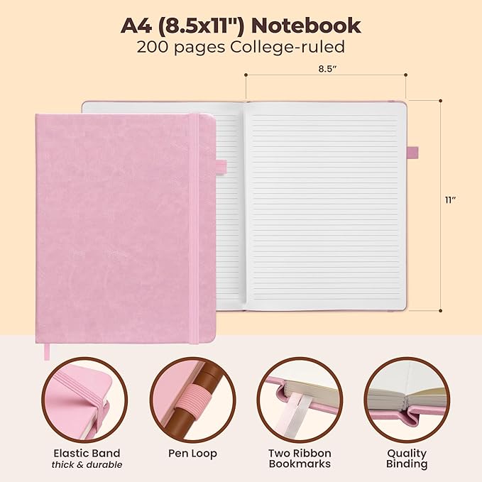 Classic Lined Journal Notebook 8.5x11" A4 Hardcover Leather - Pink - 200 Pages College Ruled Large with Sticky Tabs, Pockets, and Pen Loop for Writing and Journaling - Big Hardback Men and Women-DeskLoop Office