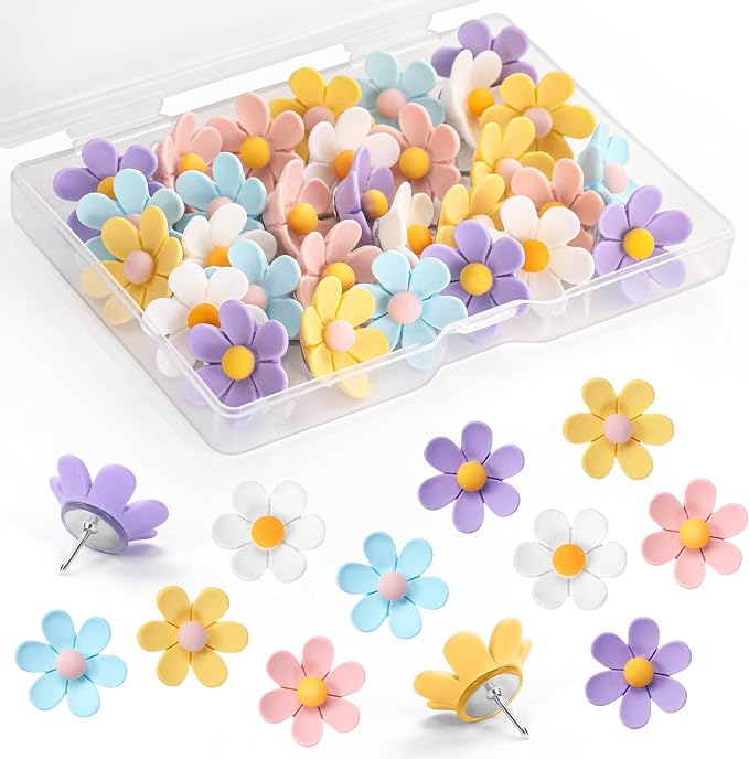 50Pcs Flower Push Pins, 5 Colors Fun Decorative Thumbtacks, Cute Push Pins by GOOLADA