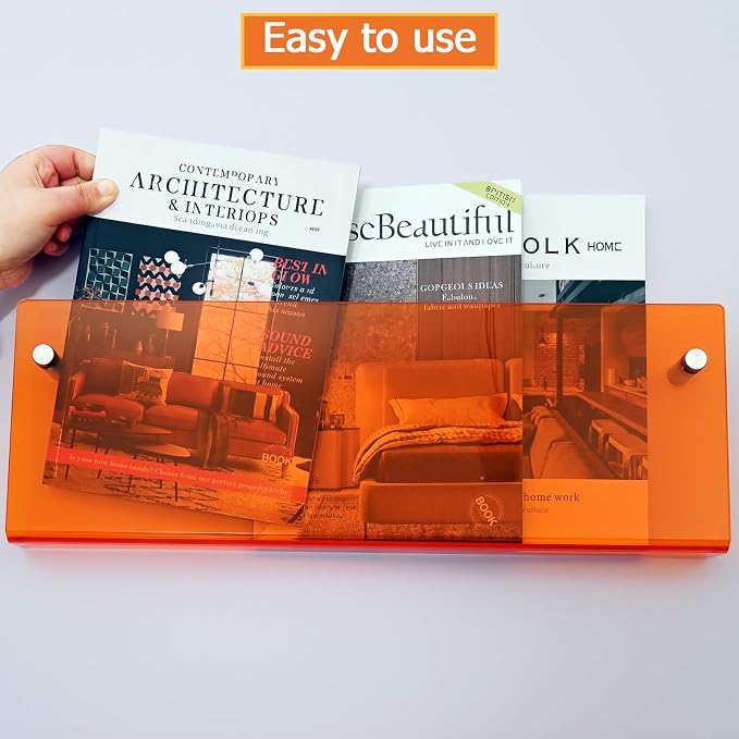 2 Pack Orange Acrylic Magazine Holder, Wall Mount Hanging Bookshelf Literature - Image 3