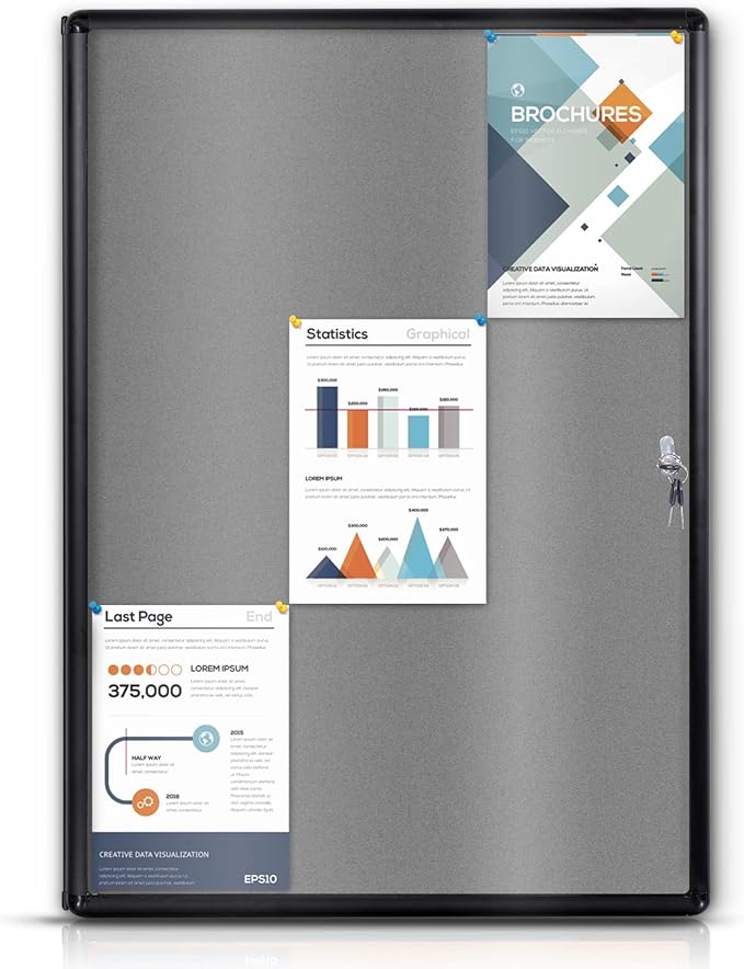 Enclosed Bulletin Board Lockable Display Case Message Board with Locking Door for Indoor, Grey Felt, Black Aluminum Frame, 38 X 28 in-DeskLoop Office