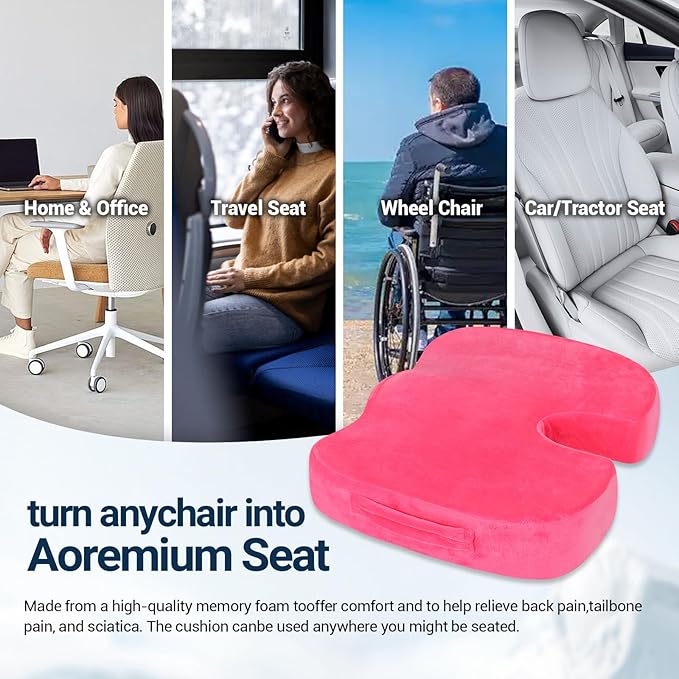 Gel Seat Cushion for Car Office - Memory Foam Pain Relief Chair Pillow Cushions - Tailbone Sciatica Coccyx Butt Lumbar Support Pad for Sitting Driving Traveling, Velvet, Pink-DeskLoop Office