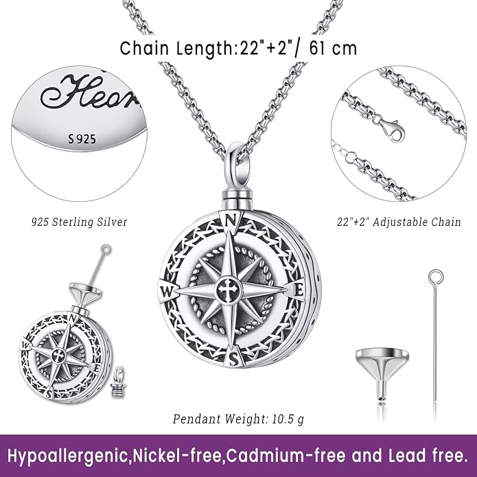 Compass Necklace for Women Men 925 Sterling Silver Pendant Urn Necklaces for - Image 3