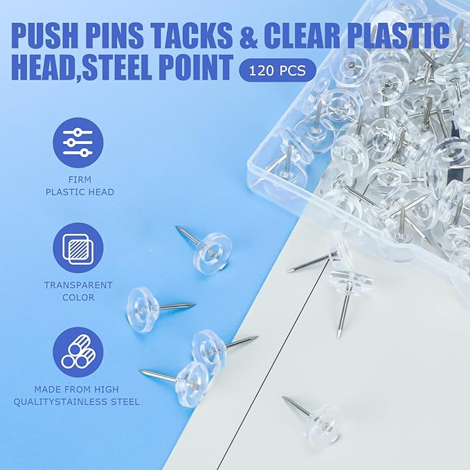 120 Count Clear Push Pin Tacks, Premium Thumb Tacks Steel Point and Plastic - Image 3