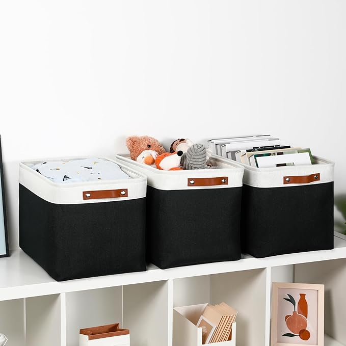 DULLEMELO Large Storage Baskets Fabric Storage Bins, Canvas Storage Basket for Shelf Toys, Decorative Large Storage Bins with Handle for Baby Gift(White&Black)-DeskLoop Office