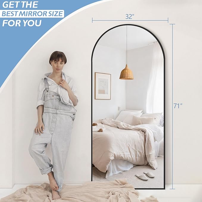 Large Arched Floor Mirror Full Length with Stand, 71''x32'' Black Standing Full Length Mirror for Bedroom Living Room Gym, Aluminum Alloy Frame-DeskLoop Office