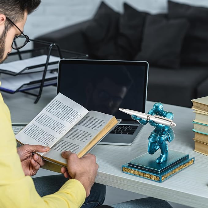 Spakon Knight Pen Holder with 2 Pens Resin Desk Organizers and Accessories Funny Executive Pen Stand Fancy Cool Office Gadgets Cool Desk Decorations for Men Home Supplies(Classic,Blue)-DeskLoop Office