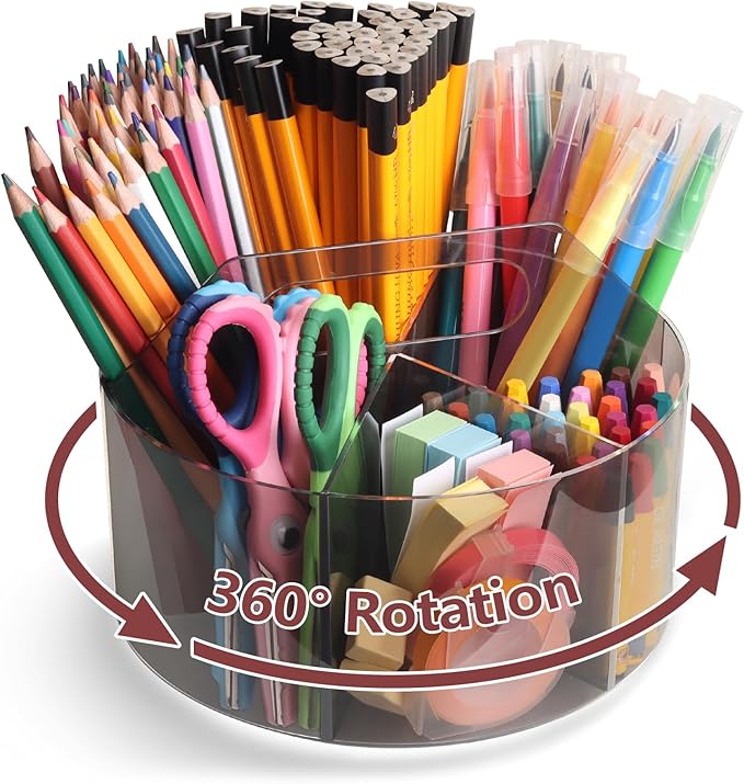 Absonic Acrylic Pen Holder Crayon Organizer for Kids, 6 Slots Arts and Crafts Organizer Marker Caddy Organizer for Classroom, 360 Rotating Pencil Holder Art Supplies Storage for School Office Grey-DeskLoop Office