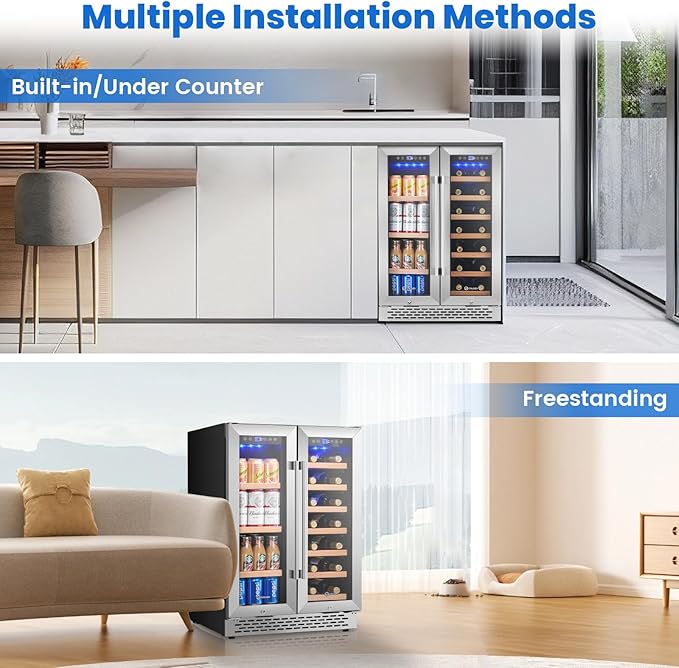 24 Inch Wine and Beverage Refrigerator Under Counter, Dual Zone 20 Bottles & 88 Cans Beverage Fridge with Stainless Steel Tempered Glass Door, Built-in/Freestanding Mini Fridge for Office/Bar/Kitchen-DeskLoop Office