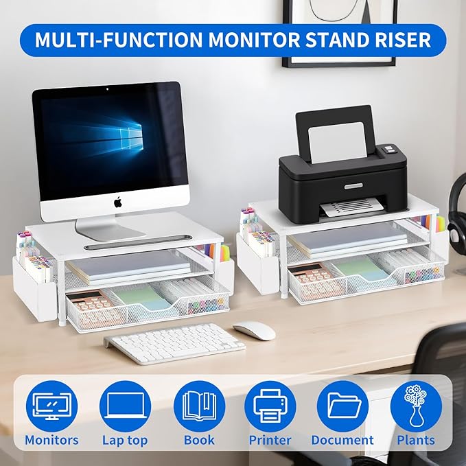 AUPSEN White Monitor Stand Riser, 2-Tier Wood Computer Desk Organizer with Drawer, Pen Storage & Phone Holder ，Office Desk Accessories Desktop Organizer for Office Supplies