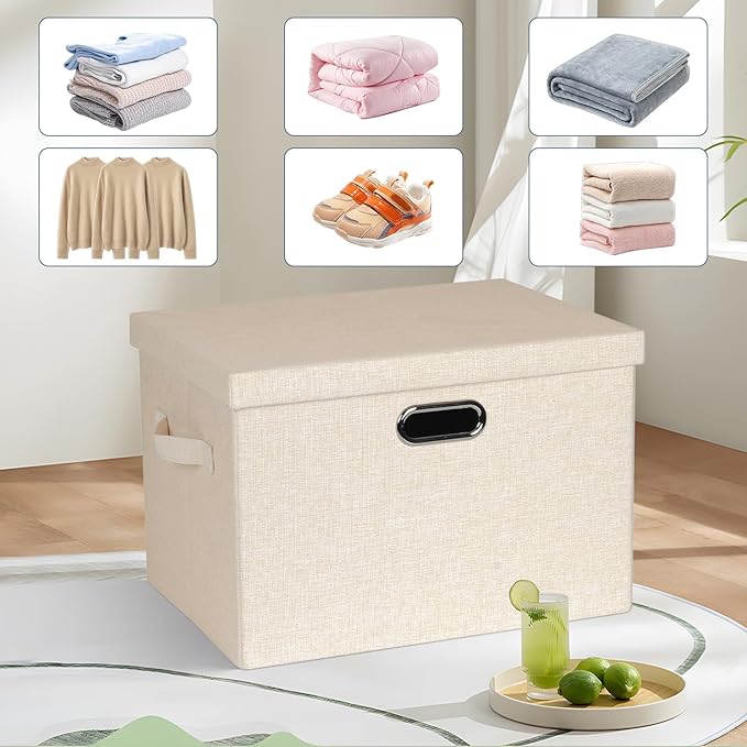 Large 17" 36 Quart Collapsible Stackable Storage Bins with Lids, 3 Packs Light Orange Linen Fabric Closet Boxes with Lids, Storage Cube Baskets Container Organizers for Office (17x12x11)-DeskLoop Office