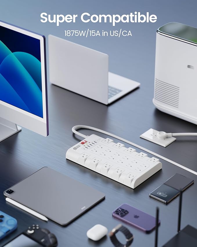 10Ft Extension Cord with Multiple Outlets, SUPERDANNY Surge Protector Power Strip (1875W/15A), 22 AC Outlets and 6 USB Charging Ports, Wall Mountable for Home, Office, Gaming Room, 2100 Joules, White-DeskLoop Office