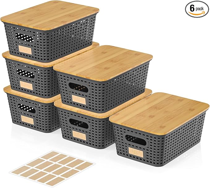 6Pcs Storage Bins with Lids, Stackable Plastic Storage Basket with Bamboo Lid by Viphope