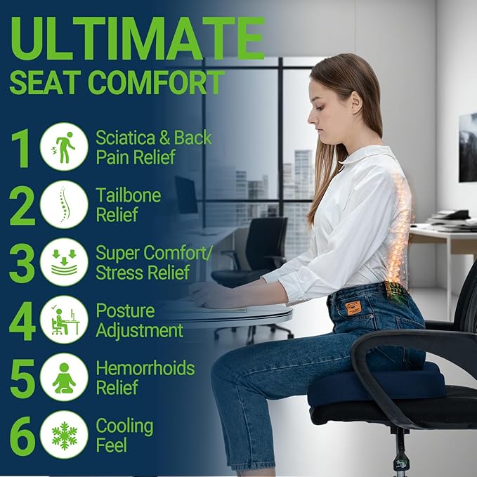 Gel Seat Cushion for Car Office - Memory Foam Pain Relief Chair Pillow Cushions - Tailbone Sciatica Coccyx Butt Lumbar Support Pad for Sitting Driving Traveling, Mesh, Blue-DeskLoop Office