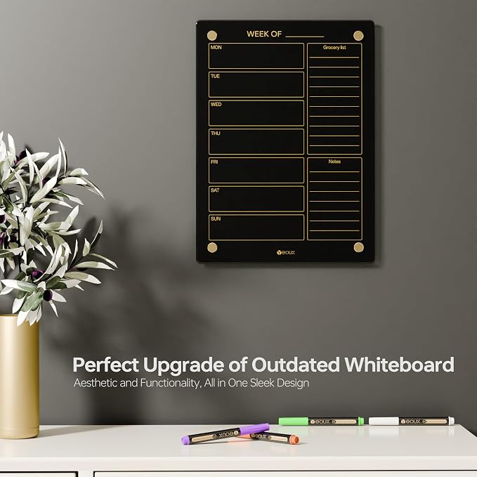 Black Glass Golden Weekly Dry Erase Calendar & Menu Whiteboard - Image 2