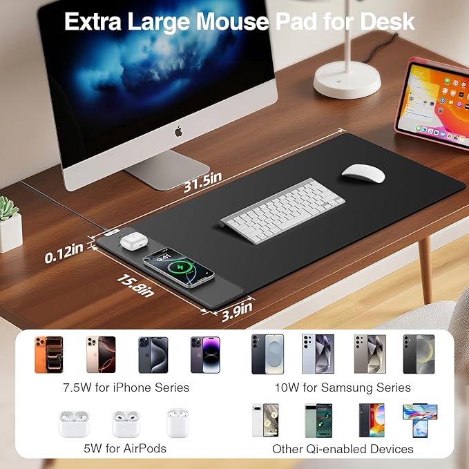 Mouse Pad with Magnetic Wireless Charger, 31.5"x15.8" Large Gaming Desk Mat - Image 3