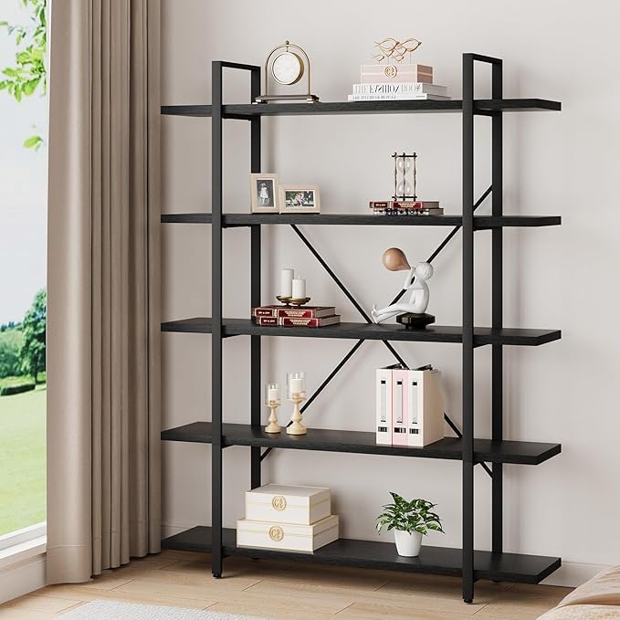 HSH 5 Tier Tall Black Bookshelf, Wood and Metal Storage Book Rack, Industrial Modern Etagere 5 Shelf Bookcase, Large Wide Open Display Book Shelf for Bedroom Living Room Office, Bookshelves Heavy Duty-DeskLoop Office