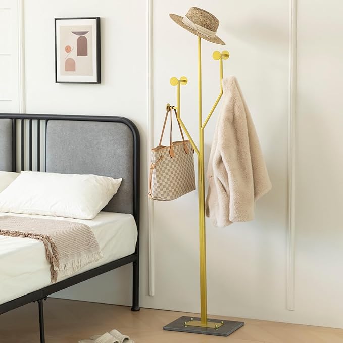 Heavy Duty Coat Rack Tree-shaped Metal Freestanding Coat Tree with Sturdy Marble Base Corner Coat Rack for Bedroom Entryway Hallway 14.96 x 10.24 x 68.9 Inches (Gold)-DeskLoop Office