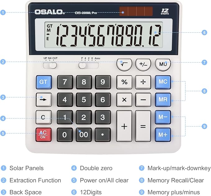 OSALO Desktop Calculator Extra Large Display 12 Digits Big Buttons Solar - Image 6