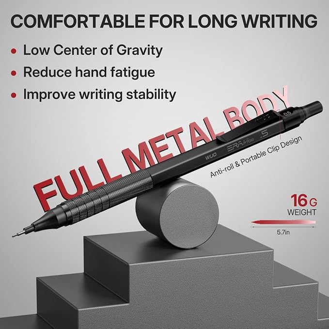 WUO 0.5mm Mechanical Pencil Set, 3 Black Metal Drafting Pencils - Image 4