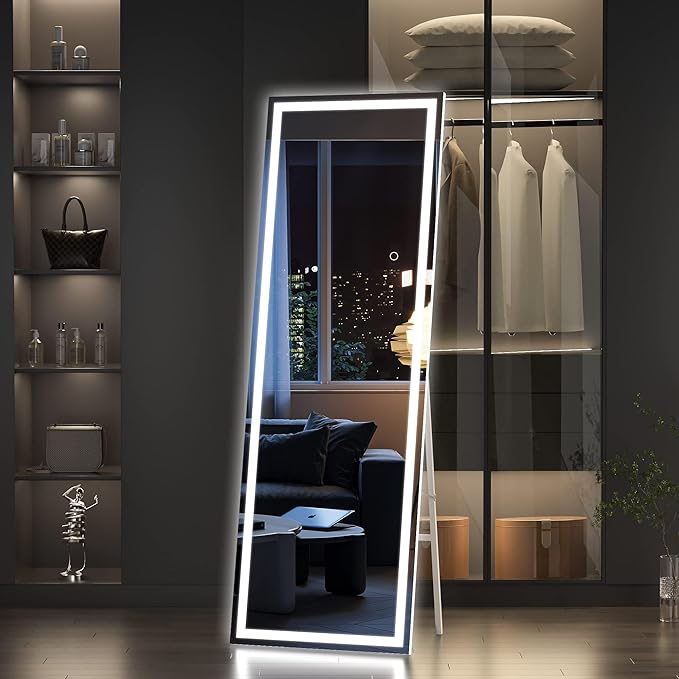 Hasipu Full Length Mirror with Lights, 56" x 15.8" LED Floor Mirror, Full Body Dressing Standing, Hanging Mounted Mirror for Living Room Bedroom Cloakroom, Square Black-DeskLoop Office