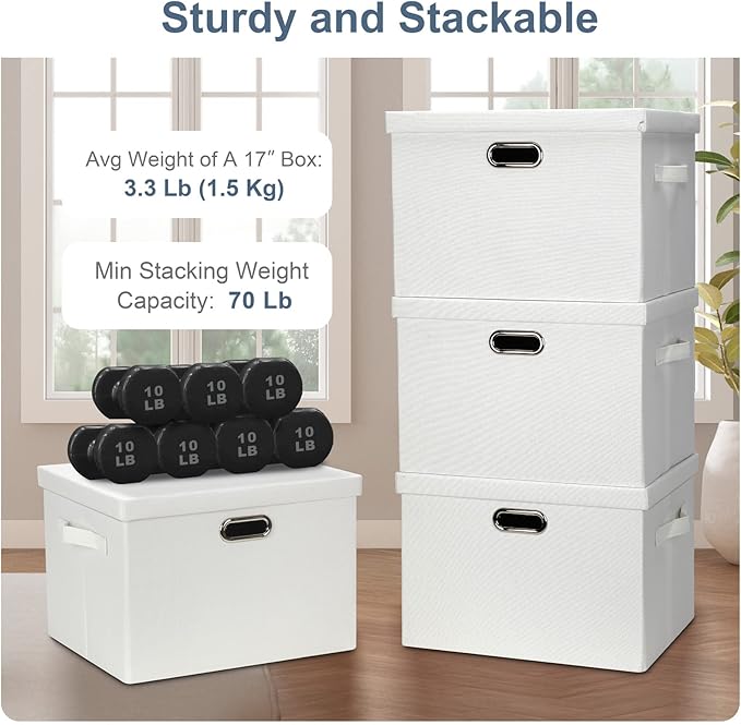 Large 17" 36 Quart Collapsible Stackable Storage Bins with Lids, 5 Packs White Linen Fabric Closet Boxes with Lids, Storage Cube Baskets Container Organizers for Bedroom Office(17 x12 x11)-DeskLoop Office